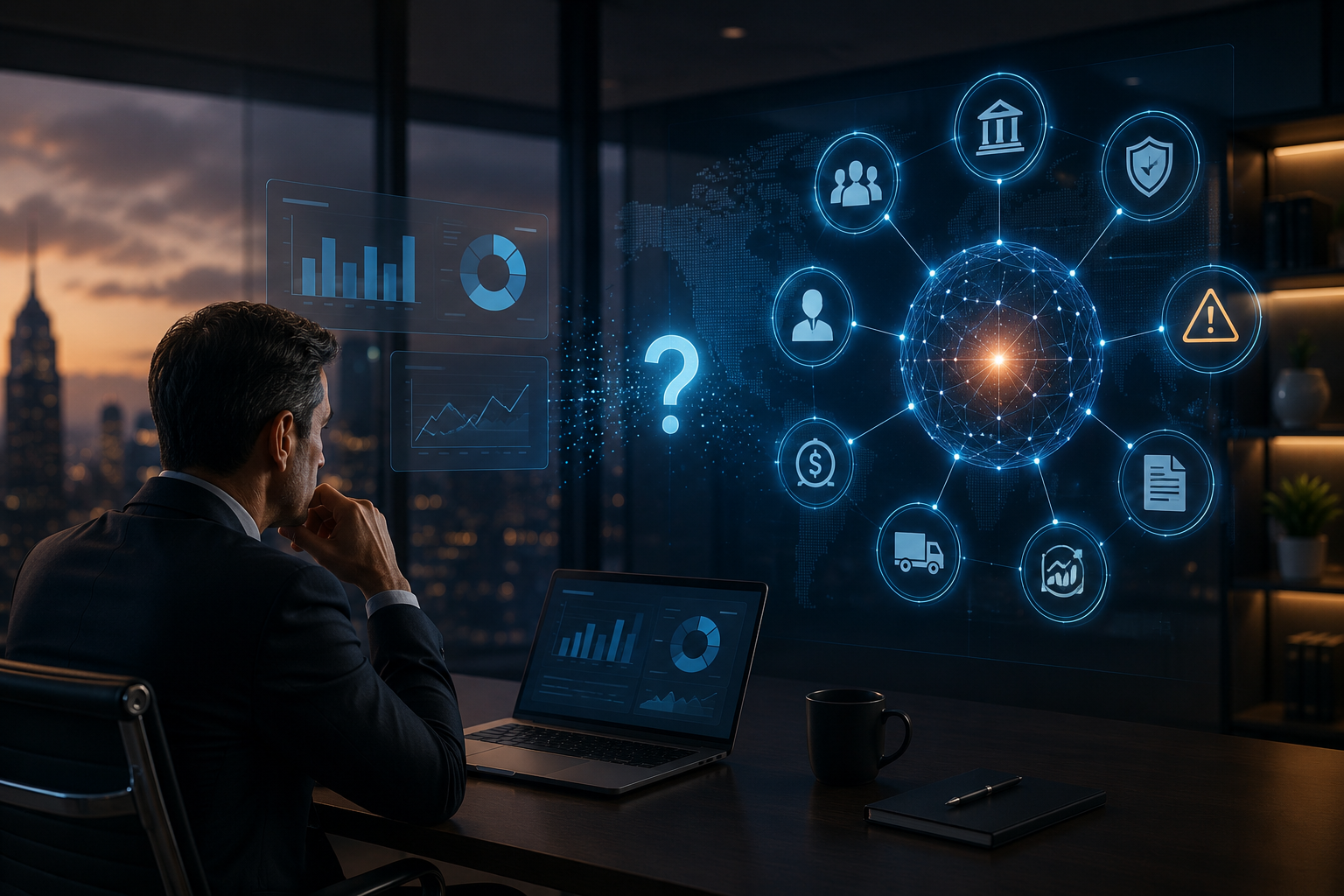 CFO analyzing interconnected accounts payable data, supplier activity, payment risks, compliance, and working capital decisions.