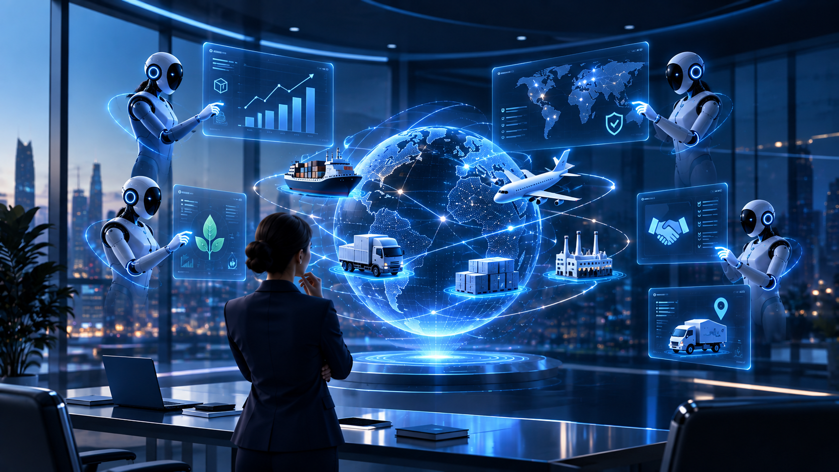 AI agents monitoring global procurement, supplier networks and enterprise spend intelligence in a futuristic digital command center.