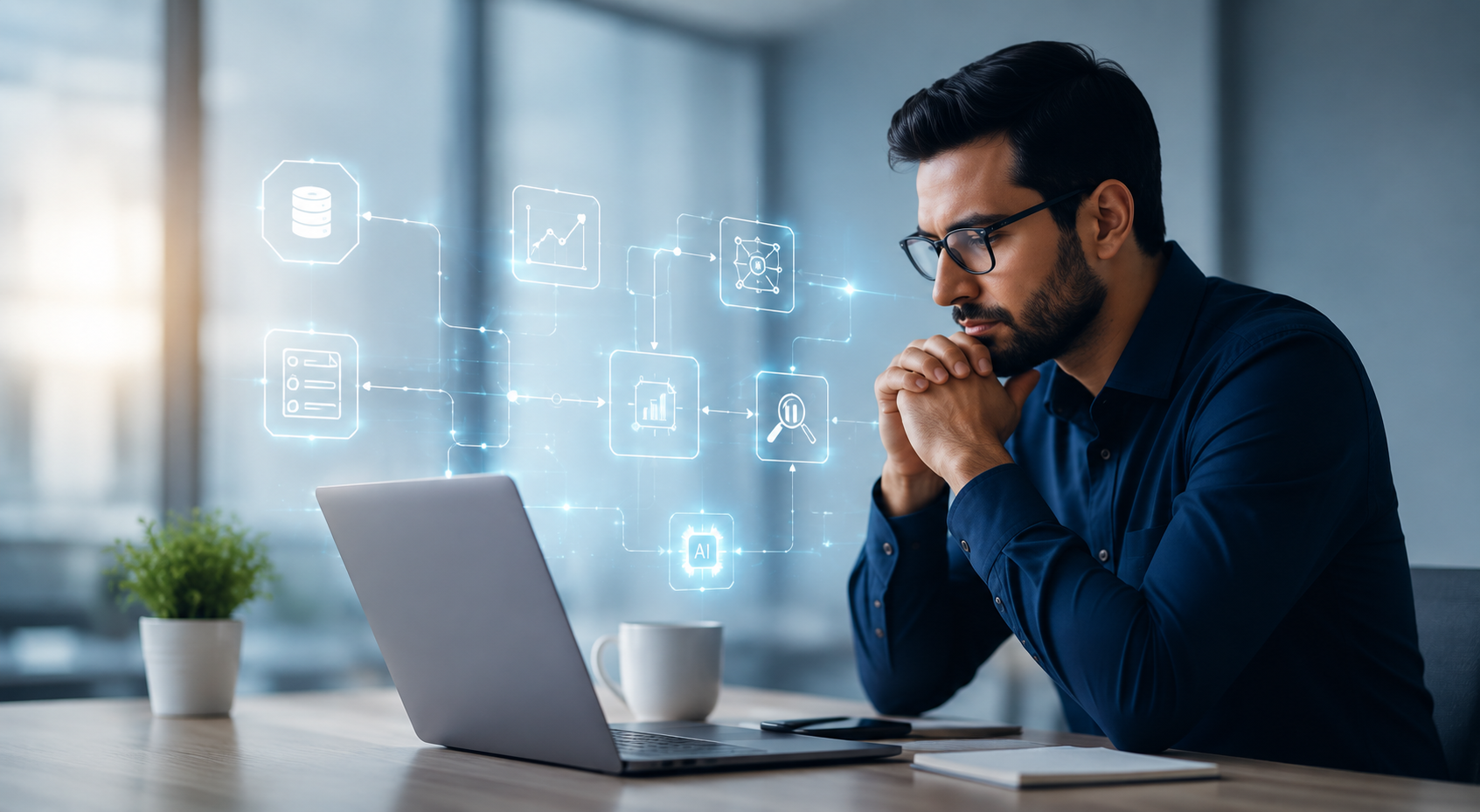 AI-powered Accounts Payable workflow showing invoice capture, validation, exception intelligence, approvals, ERP integration, and finance dashboard.