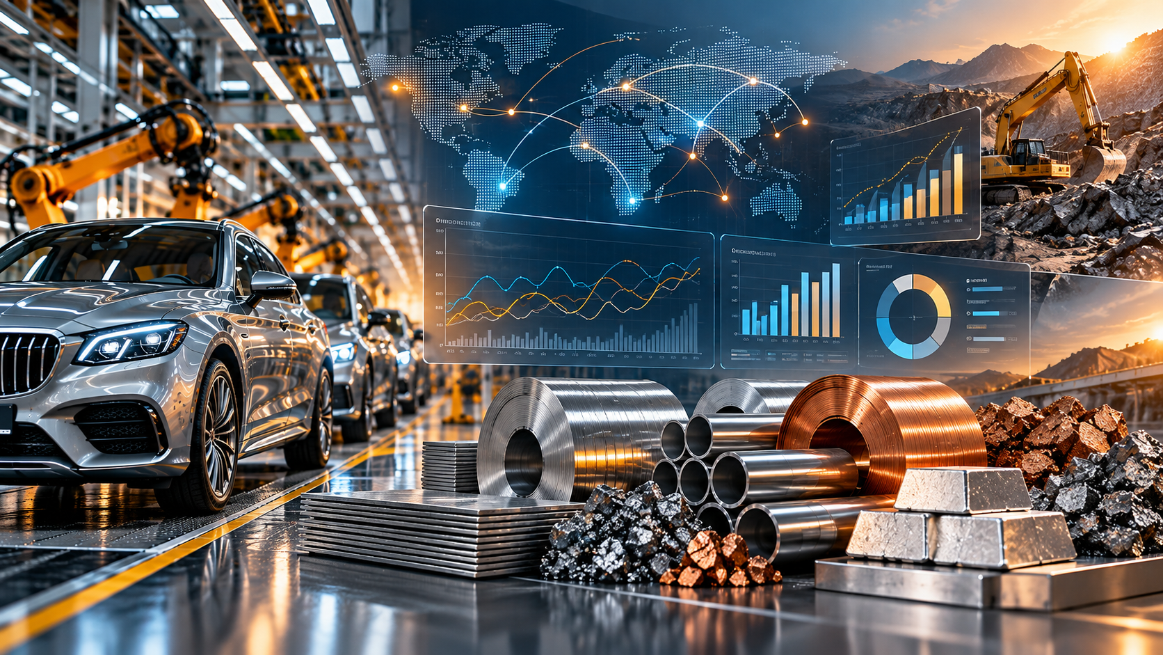 CommodityXO and VisionXO metal commodity intelligence for automotive manufacturing, showing AI-powered price forecasting, market driver analysis, and 12–18 month forward spend and savings visibility across steel, aluminium, copper and nickel.