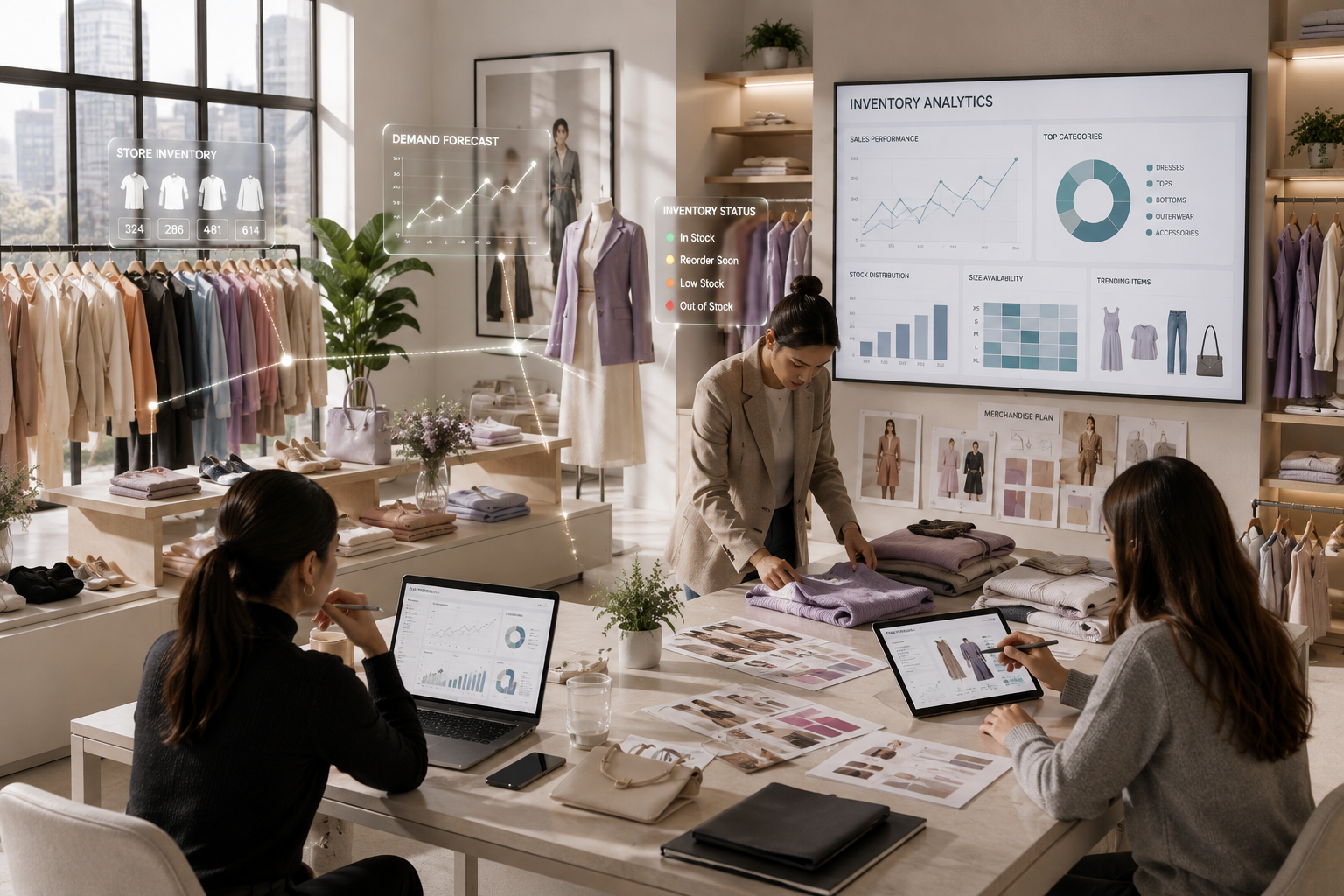 Retail inventory analytics dashboard showing demand forecasting, assortment planning, stock optimization, and store performance.