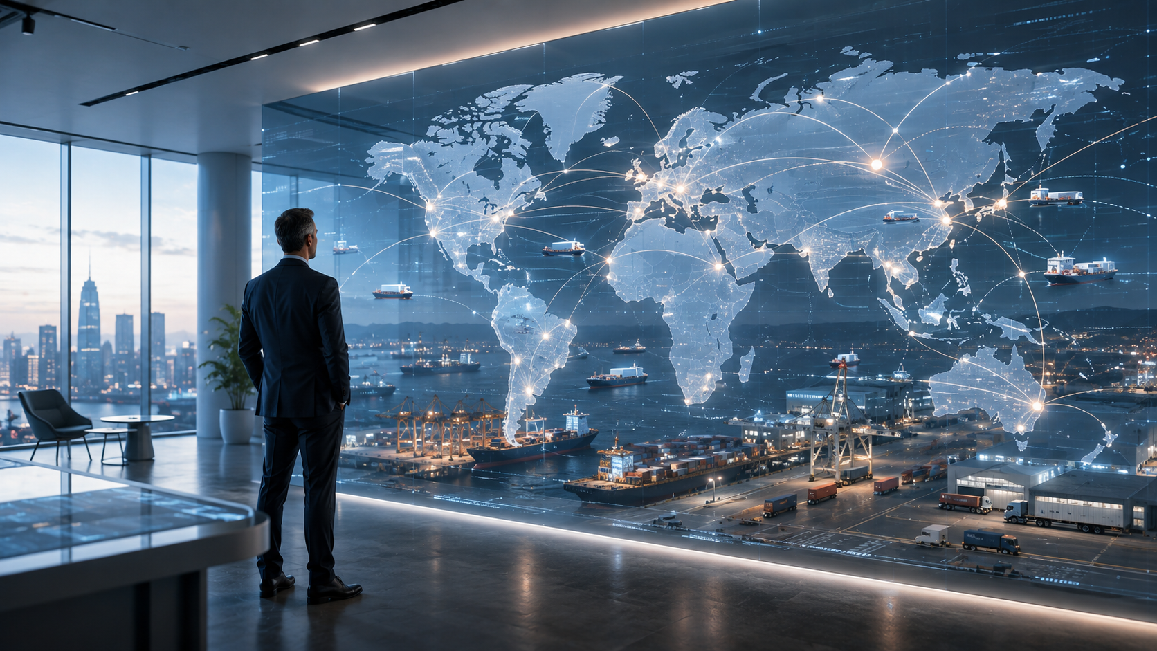Global supply chain map showing suppliers, producers, distributors, retailers, and supply chain intelligence insights.